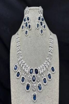 regal sapphire blue crystal necklace set | chandelier earrings, bridal wedding jewellery 3