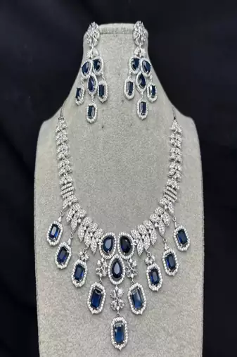 regal sapphire blue crystal necklace set | chandelier earrings, bridal wedding jewellery