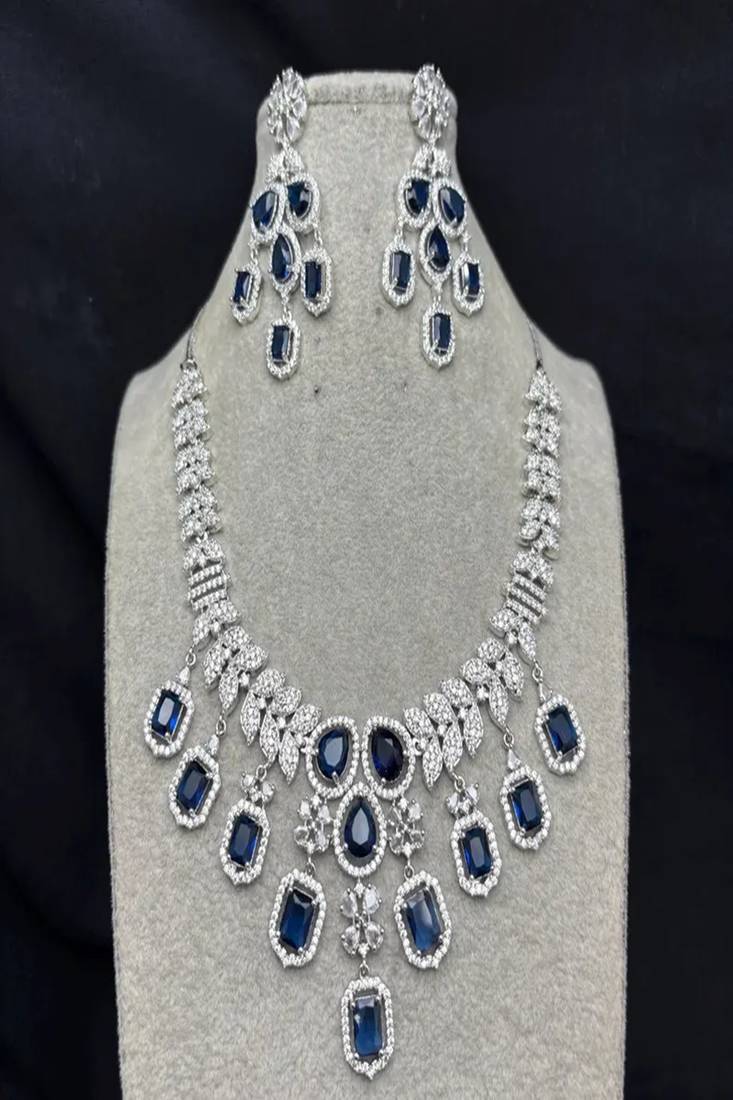 regal sapphire blue crystal necklace set | chandelier earrings, bridal wedding jewellery