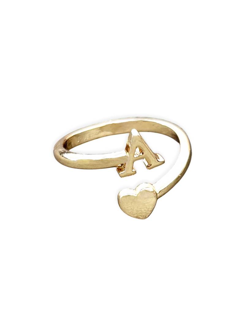 fancy heart and "a"letter stackable rings brass gold plated adjustable finger ring for women