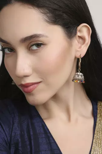 stylish paisley and circle pearl brass kundan antique gold plated jhumki earring for women and girls