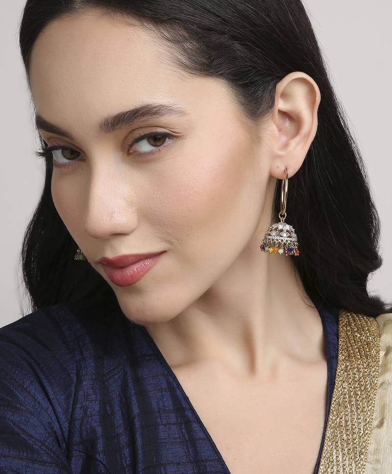 stylish paisley and circle pearl brass kundan antique gold plated jhumki earring for women and girls