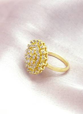 flowing flower design cz studded brass gold plated adjustable finger ring for women and girls 3