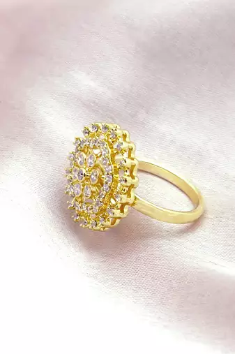 flowing flower design cz studded brass gold plated adjustable finger ring for women and girls