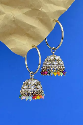 stylish paisley and circle pearl brass kundan antique gold plated jhumki earring for women and girls