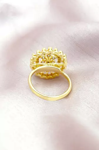 flowing flower design cz studded brass gold plated adjustable finger ring for women and girls