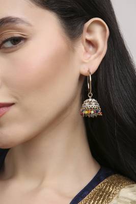 stylish paisley and circle pearl brass kundan antique gold plated jhumki earring for women and girls 5