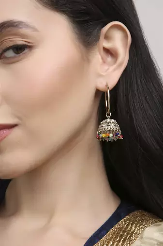 stylish paisley and circle pearl brass kundan antique gold plated jhumki earring for women and girls