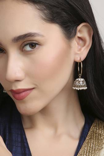 superb paisley and circle pearl brass kundan antique gold plated jhumki earring for women and girls