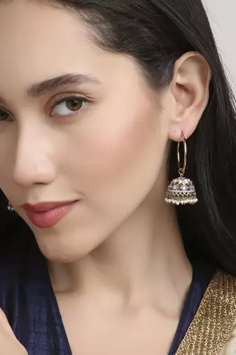 superb paisley and circle pearl brass kundan antique gold plated jhumki earring for women and girls
