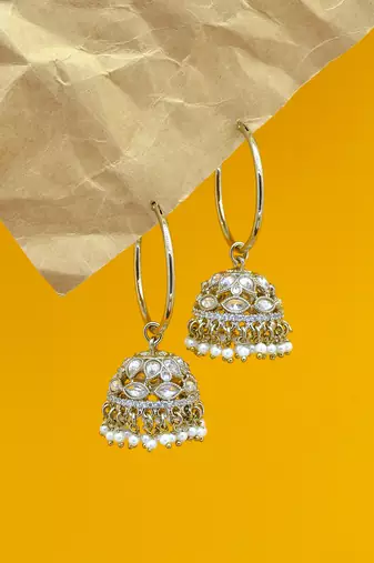 superb paisley and circle pearl brass kundan antique gold plated jhumki earring for women and girls