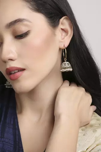 superb paisley and circle pearl brass kundan antique gold plated jhumki earring for women and girls