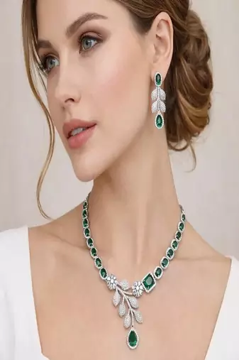 emerald green cz necklace earrings set | indian bridal jewellery