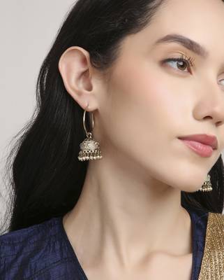 trendy elephant and leaf shape brass kundan antique gold plated jhumki earring for women and girls 5