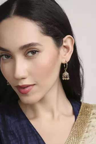 smooth oval shape brass kundan antique gold plated jhumki earring for women and girls