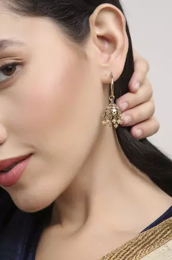 smooth oval shape brass kundan antique gold plated jhumki earring for women and girls