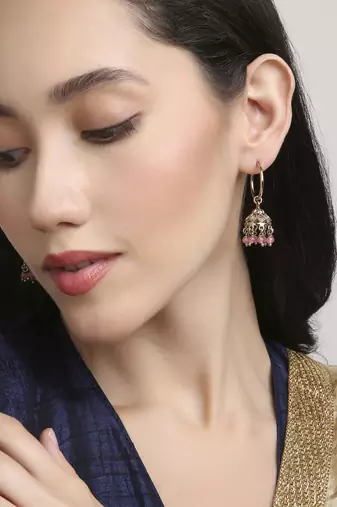 splendid oval shape brass kundan antique gold plated jhumki earring for women and girls