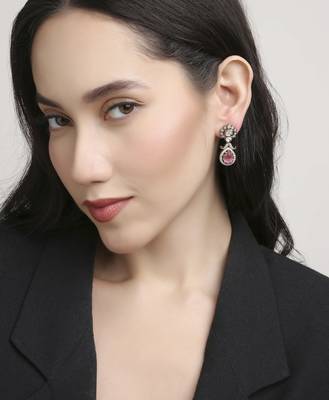 stylish oval and flower design brass kundan antique gold plated dangle earring for women and girls 1