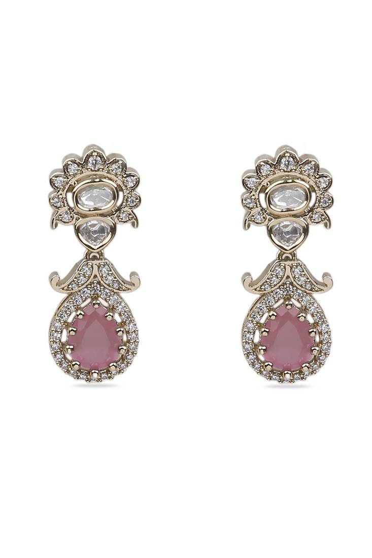 stylish oval and flower design brass kundan antique gold plated dangle earring for women and girls