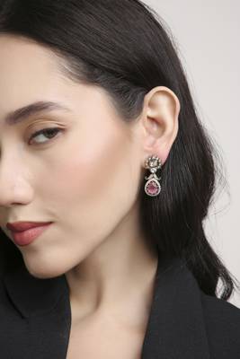 stylish oval and flower design brass kundan antique gold plated dangle earring for women and girls 4