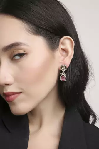 stylish oval and flower design brass kundan antique gold plated dangle earring for women and girls