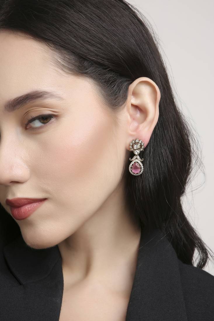 stylish oval and flower design brass kundan antique gold plated dangle earring for women and girls