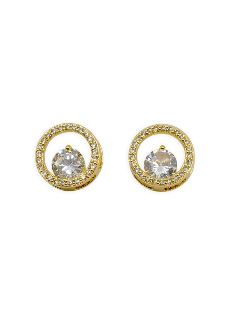 modish round shape center stone brass gold plated stud earring for women and girls