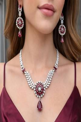 crimson ruby marquise diamond statement necklace set, art deco bridal chandelier earrings 1