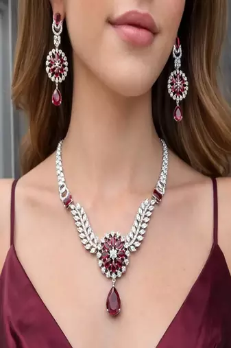 crimson ruby marquise diamond statement necklace set, art deco bridal chandelier earrings