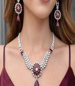 crimson ruby marquise diamond statement necklace set, art deco bridal chandelier earrings