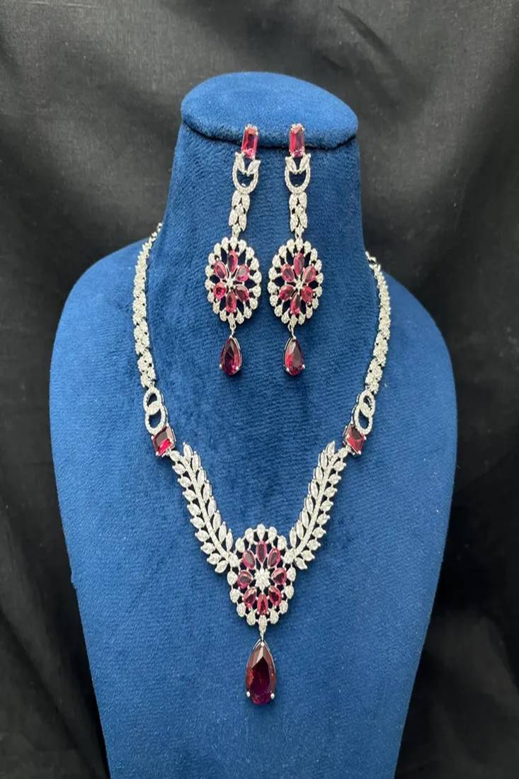 crimson ruby marquise diamond statement necklace set, art deco bridal chandelier earrings