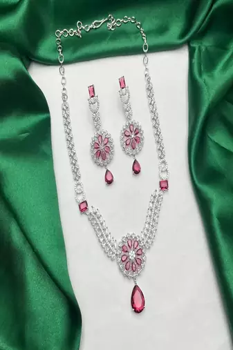 crimson ruby marquise diamond statement necklace set, art deco bridal chandelier earrings
