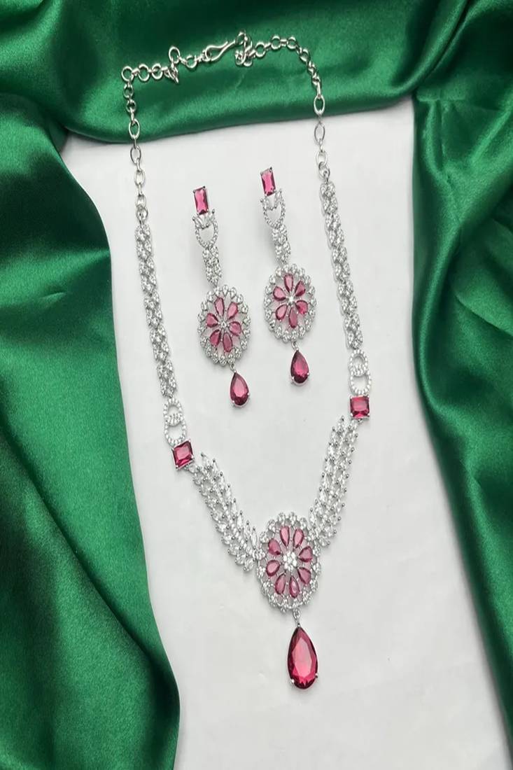 crimson ruby marquise diamond statement necklace set, art deco bridal chandelier earrings
