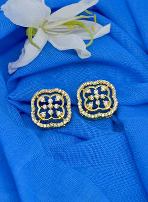 pretty flower design cz studded brass gold plated stud earring for women and girls 1