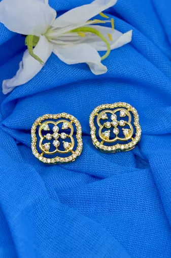 pretty flower design cz studded brass gold plated stud earring for women and girls