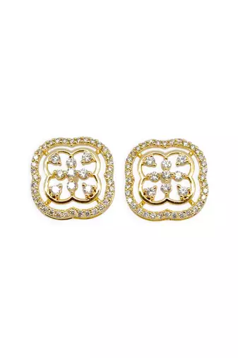 pretty flower design cz studded brass gold plated stud earring for women and girls