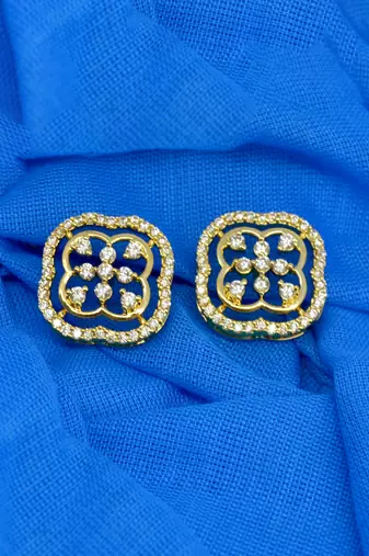 pretty flower design cz studded brass gold plated stud earring for women and girls