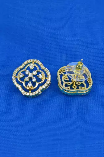 pretty flower design cz studded brass gold plated stud earring for women and girls
