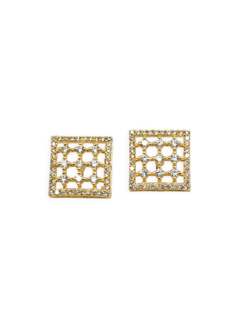 smooth square shape cz studded brass gold plated stud earring for women and girls