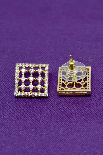 smooth square shape cz studded brass gold plated stud earring for women and girls