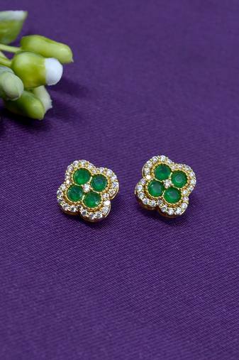 trendy flower design green stone brass gold plated stud earring for women and girls