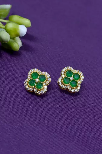 trendy flower design green stone brass gold plated stud earring for women and girls