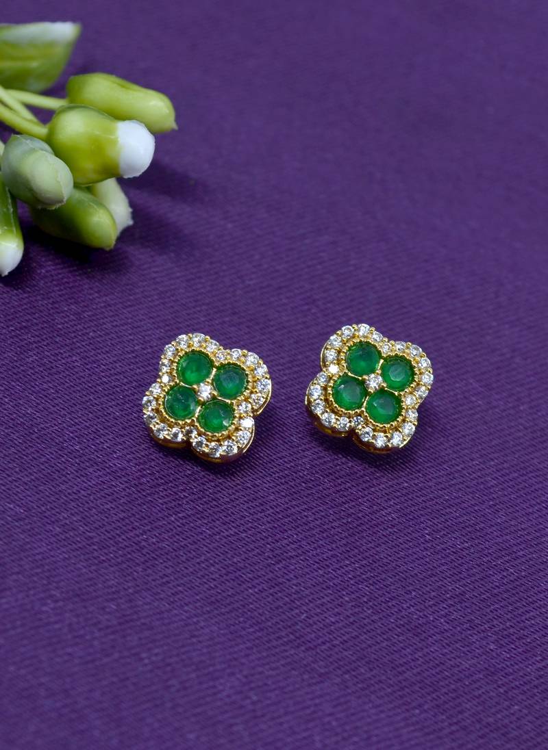 trendy flower design green stone brass gold plated stud earring for women and girls