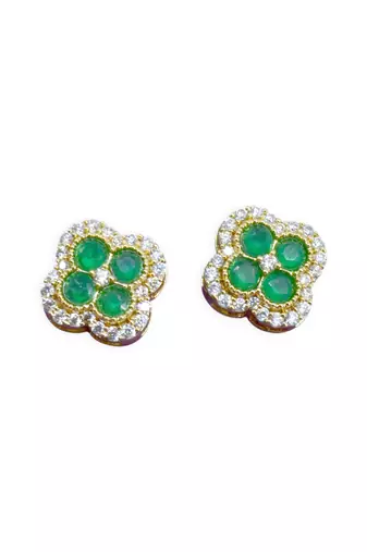 trendy flower design green stone brass gold plated stud earring for women and girls