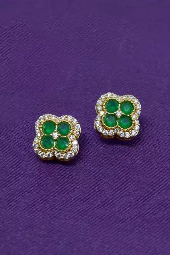 trendy flower design green stone brass gold plated stud earring for women and girls