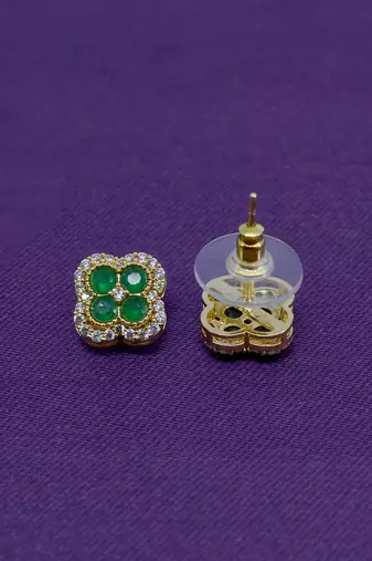 trendy flower design green stone brass gold plated stud earring for women and girls