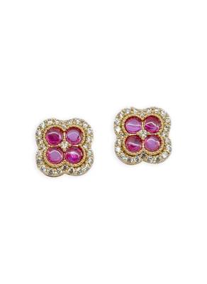superb flower design pink stone brass gold plated stud earring for women and girls 1