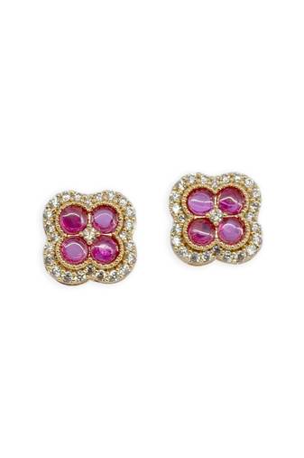 superb flower design pink stone brass gold plated stud earring for women and girls
