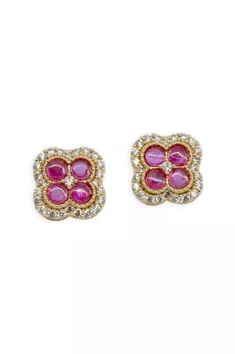 superb flower design pink stone brass gold plated stud earring for women and girls