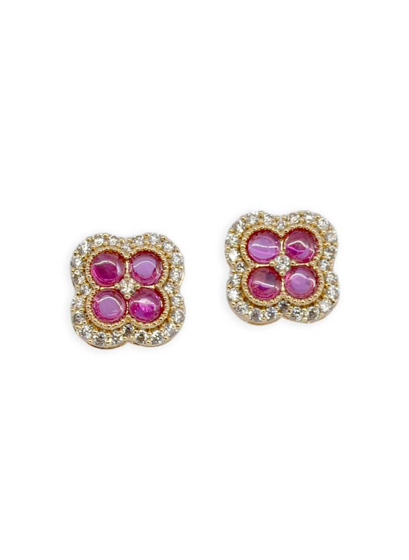 superb flower design pink stone brass gold plated stud earring for women and girls